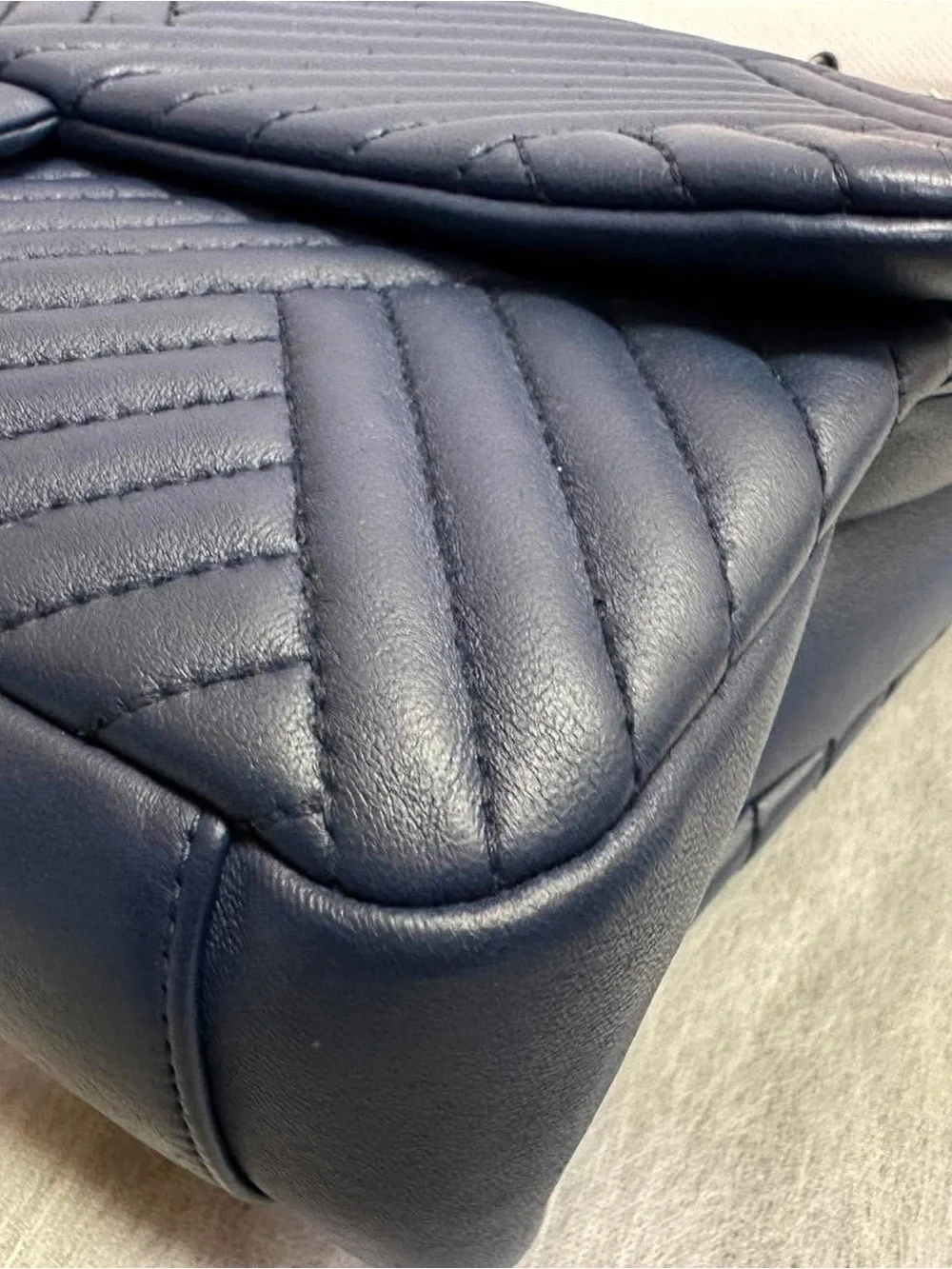 CHANEL Jumbo Navy Chevron Quilted Shoulder Bag with Chain Strap